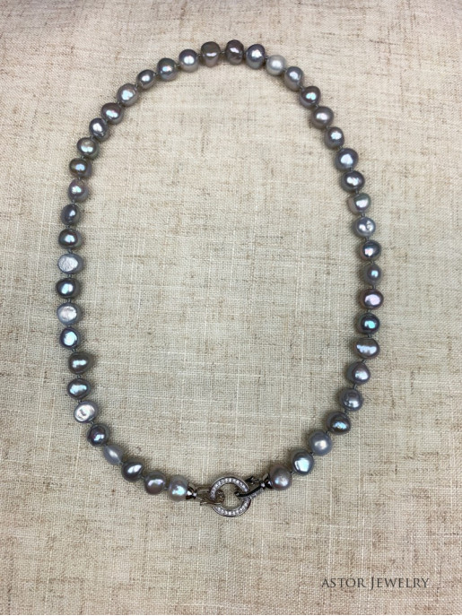 Gray Natural Fresh Water Pearl Necklace - Multi Ways To Wear Cz Ring Clasp