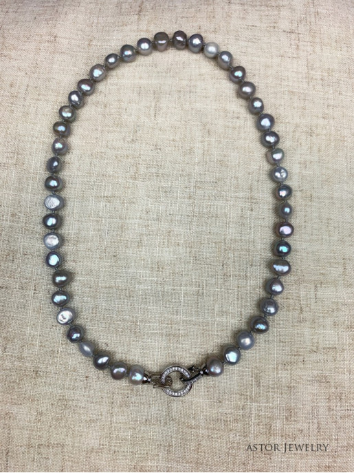 Gray Natural Fresh Water Pearl Necklace Multi Ways To Wear Cz Ring Clasp