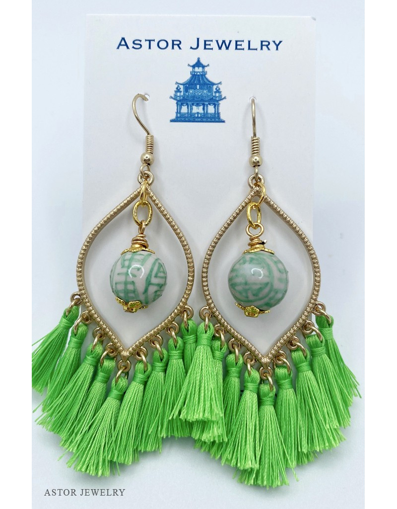 Neon Green Tassel Earrings With Porcelain Bead Dangling 24276