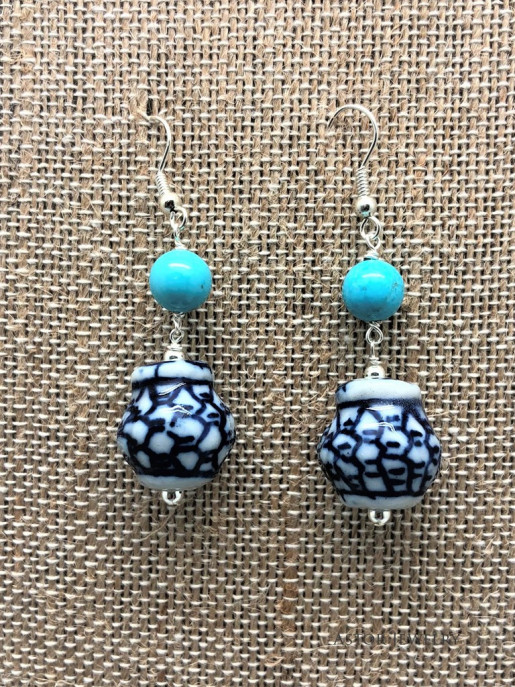 Blue and White Bead With Turquoise Accent Earrings