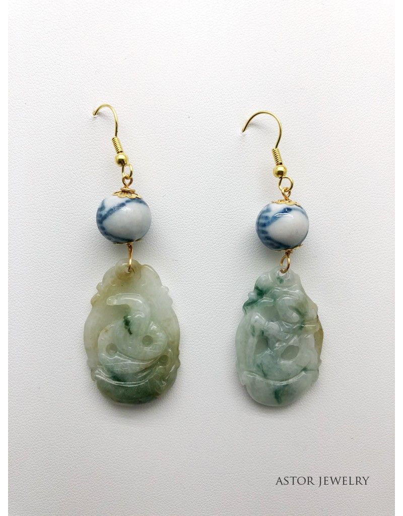 Jade Carving Earrings With a Blue and White Bead