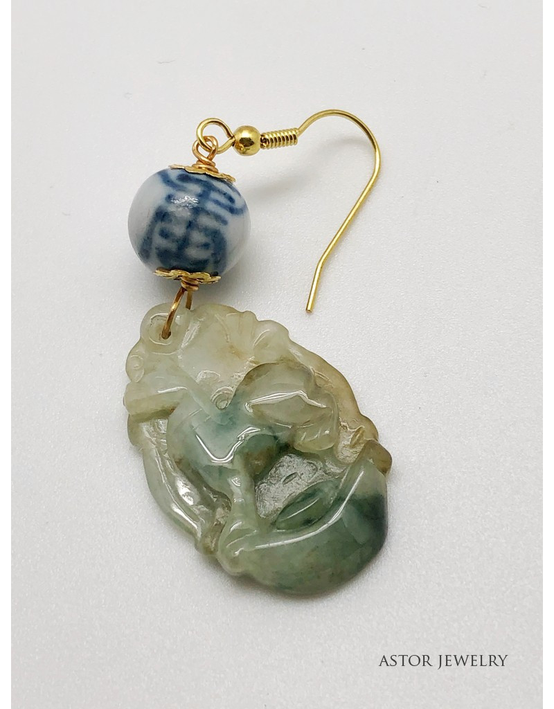 Jade Carving Earrings With a Blue and White Bead