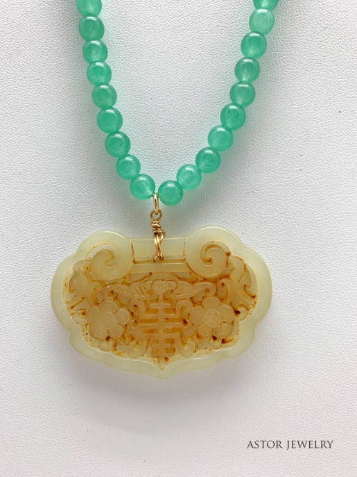 "Lucky" Jade Carved Pendant on Jade Necklace