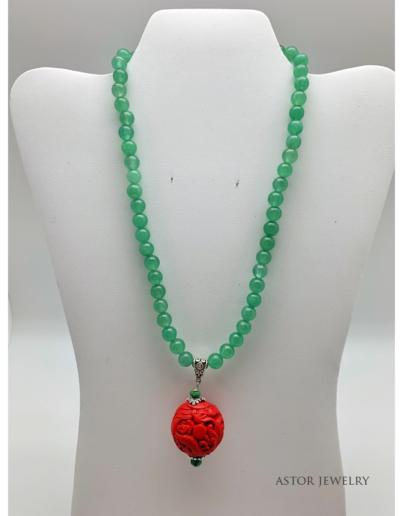 Jade Bead Necklace with Cinnabar "Lucky" Carving Pendant