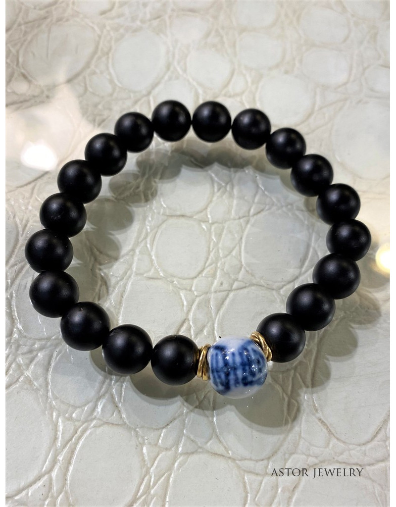 Unisex Blue Soladite Stone Bracelet with Blue and White Bead (gold).