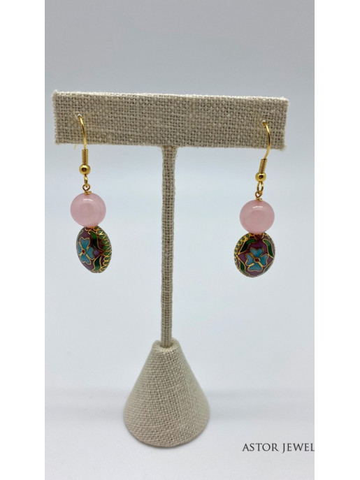 Rose Quartz Earring With Pink Cloisonne Bead.
