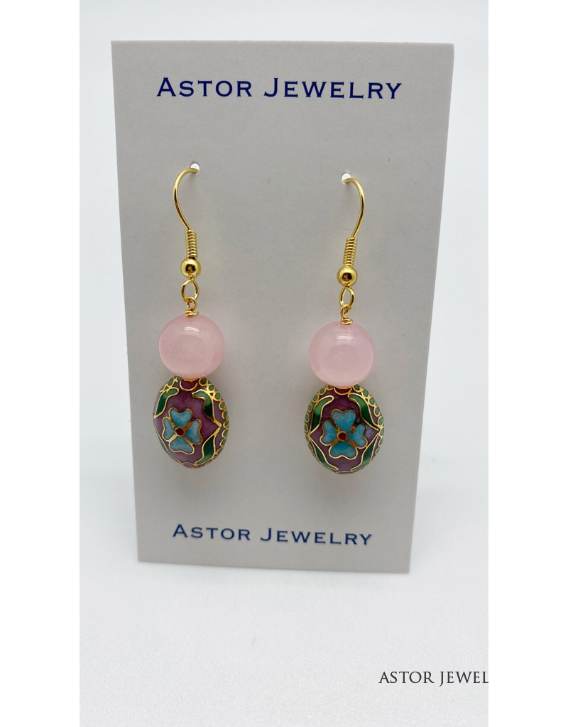 Rose Quartz Earring With Pink Cloisonne Bead.