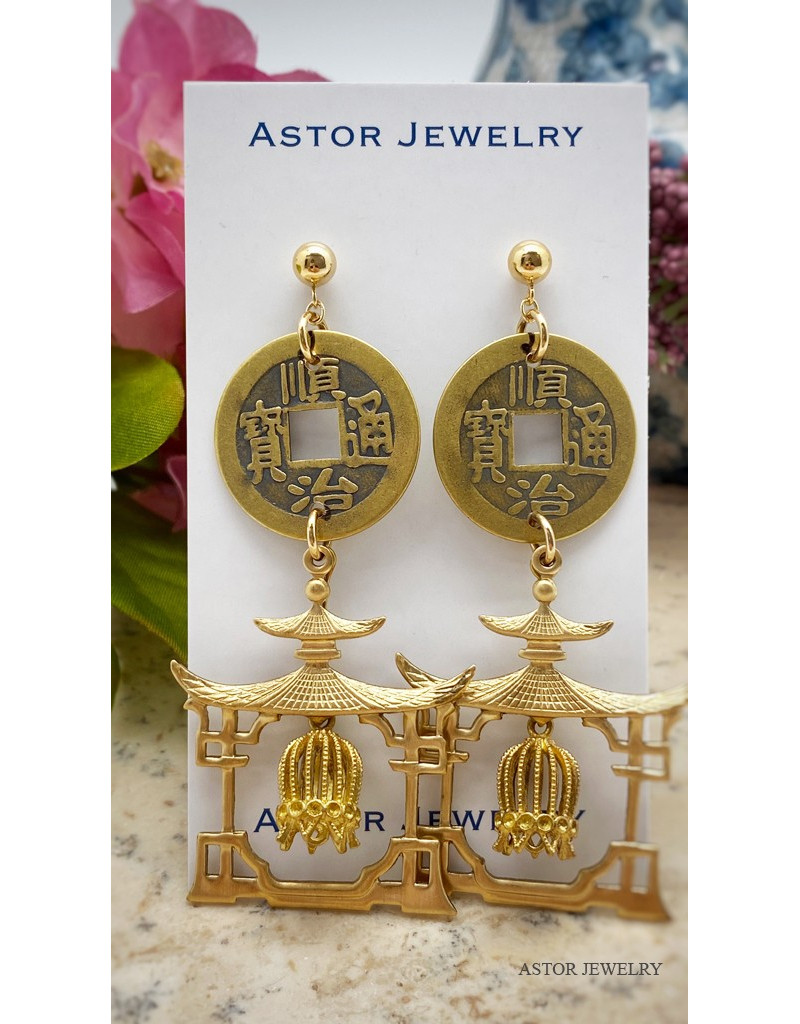 Pagoda earrings featuring old coin and bird cage
